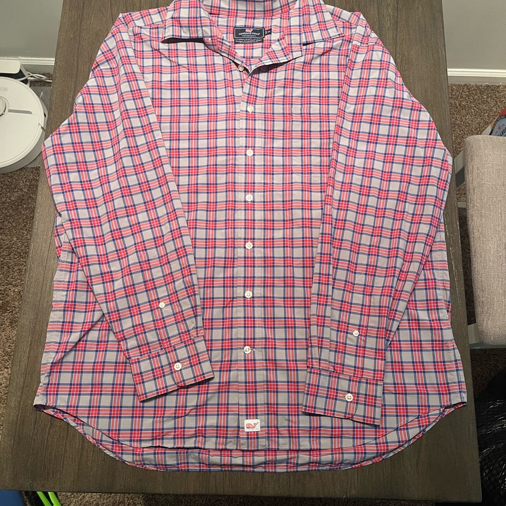 Vineyard Vines Performance Red and Blue Plaid Button Down Shirt
